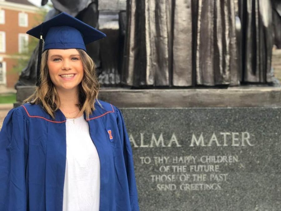 New hire, Catherine Peterson, poses on her graduation day from University of Illinois. A little over a year later she is now the new girls basketball coach at Silver Creek High School sharing her knowledge with her athletes.
