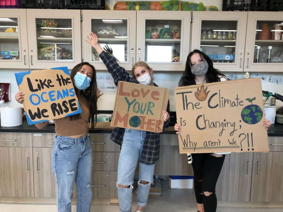 Silver Creek High Schools environmental club members, Isabelle Martinez, Katherine Bogdanova, and Breena Hassenbusch with their signs made out of recycled cardboard for climate change and environmental movements.