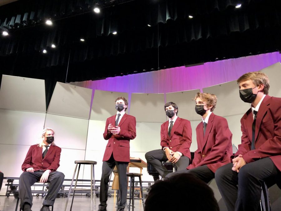 The men of Concert Choir sing The Auld Triangle for the October 12th Silver Creek Choir Concert. Photographer from left to right: Will Walker, Keaton Darcy, Trevin Giles, Avery Krier, and Gavan Cunningham.