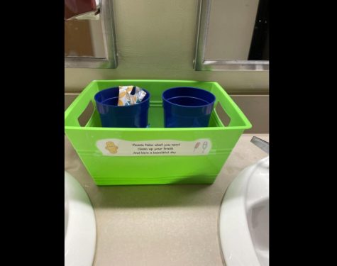 The beloved period-products baskets in the Women’s restroom. This basket has not been filled because of the “tampon policy” that the volunteers wish to get right. Female students are banned from the products that they need because of this policy.
