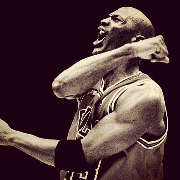 Michael Jordan celebrating his winning shot.
