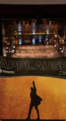 The Buell Theaters version of a playbill with Hamilton’s mascot in front of the intricate and innovative design of the stage. The set-up has turntables that cause the whole stage to move where the actors incorporate dances that go with the musical.