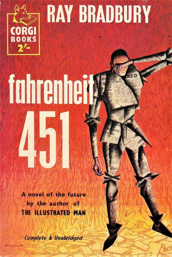The cover art of Fahrenheit 451, a sci-fi novel written by Ray Bradbury.
