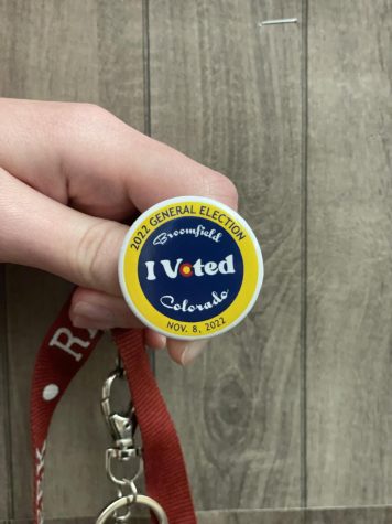 Ms. Stephanie Drakes “I voted” pin is proudly worn on her lanyard at Silver Creek High School.