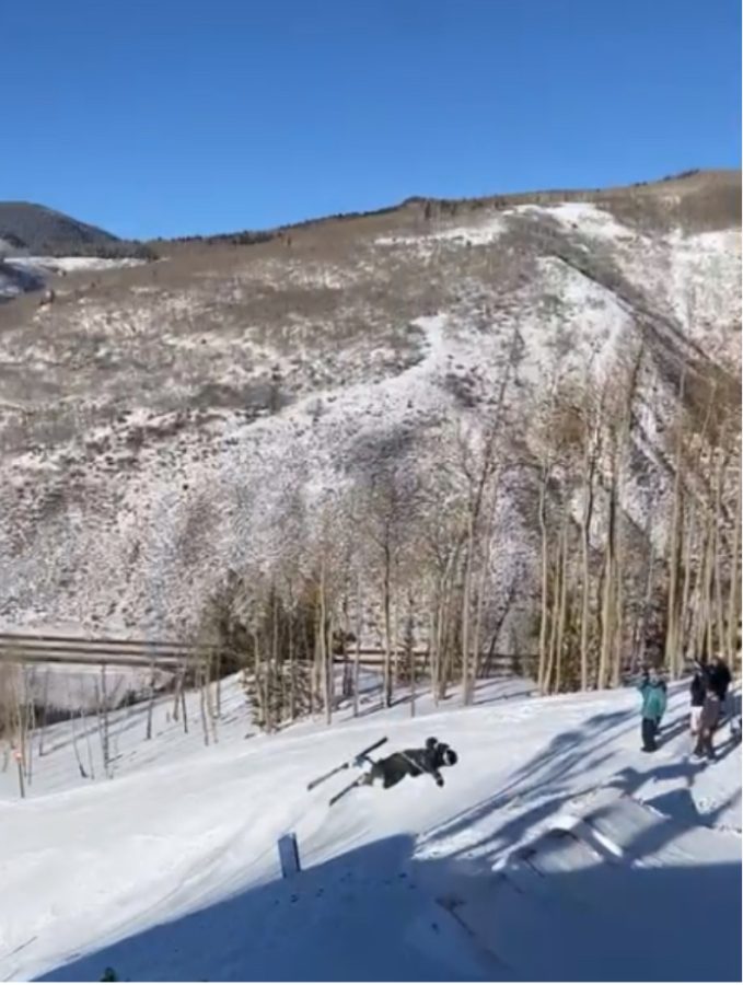 Porter Huff lands a Cork 360 in his Freestyle Skiing Competition in Vail, Colorado.