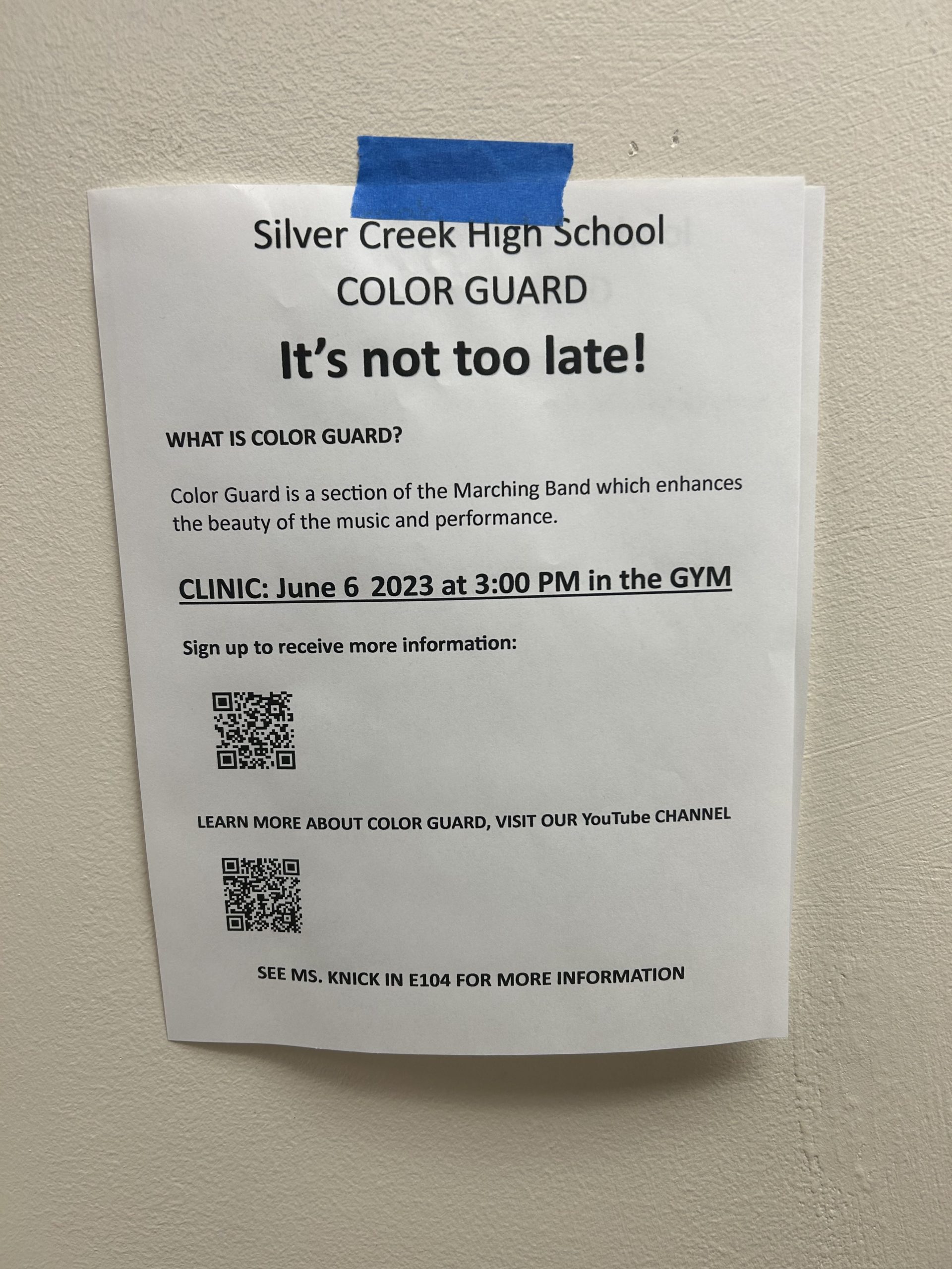 Photo courtesy of Mia Frazier. The Color Guard sign up poster, all students are welcome!