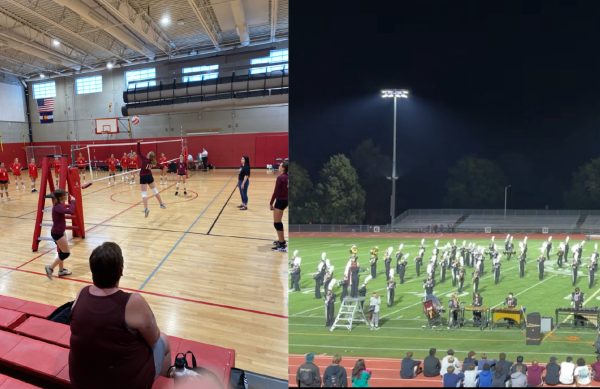 Picture on the right is of Silver Creek’s D-team volley ball game. Picture on the right is of the Silver Creek High School Marching Band performing their 2023 show.