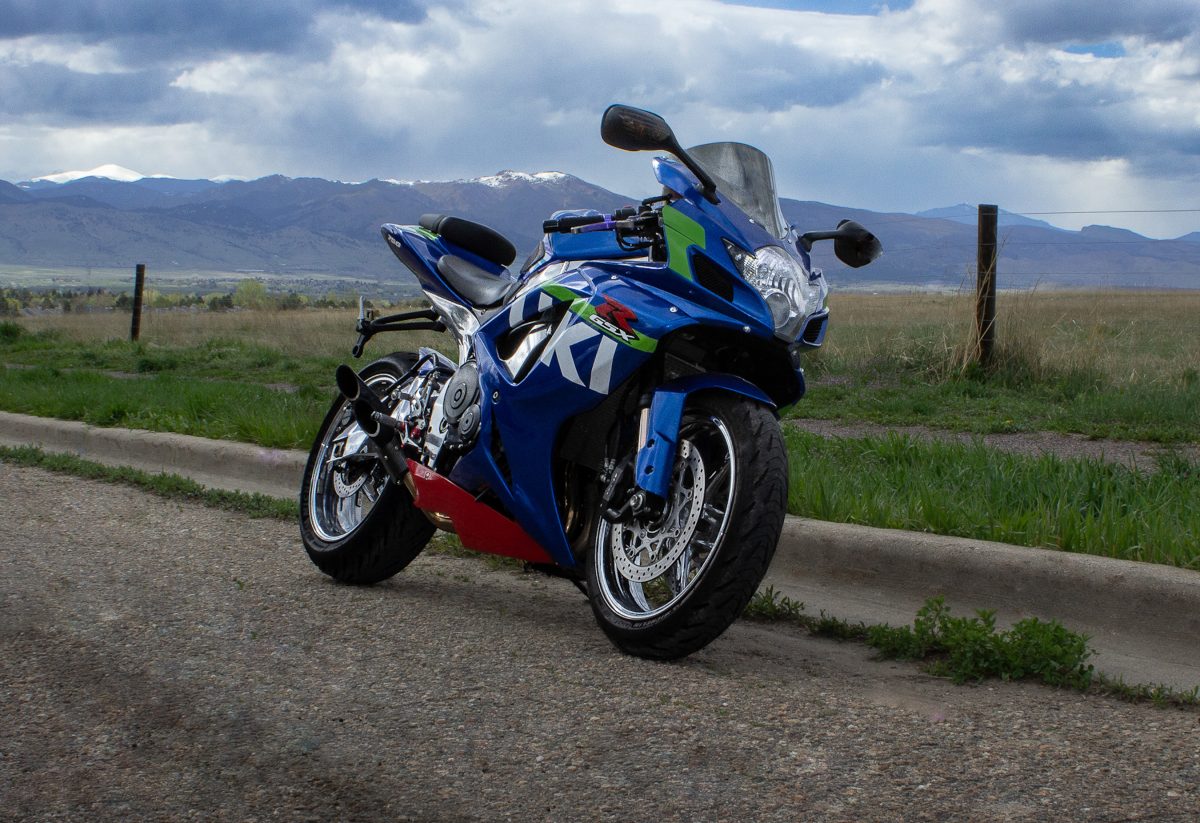 Suzuki GSX-R750 pictured with the Rocky Mountains in the background.