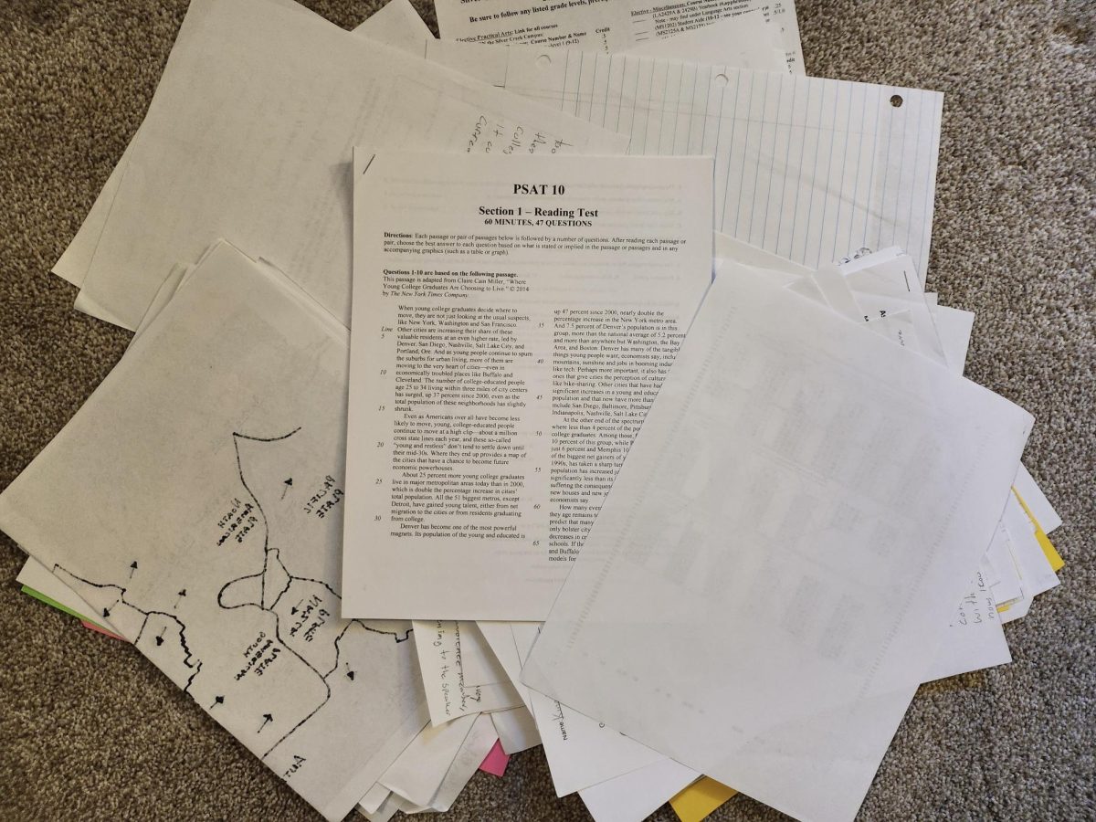 A pile of school papers with a copy of the PSAT 10 on the top.