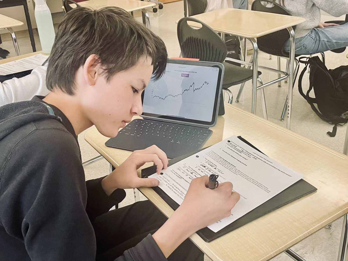 Eldon Budiman, a Sophomore at Silver Creek, working on an investment assignment in his PFL class. 