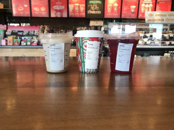 2024 Starbucks Holiday Drinks left to right: Iced Oat Milk Chai, Caramel Brûlée Latte, Cran-Merry Lemonade 