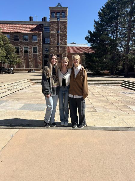 Tate Finnestead, Anna Goodbee, and Lilly Wetzel from left to right at J-Day, CU Boulder. 