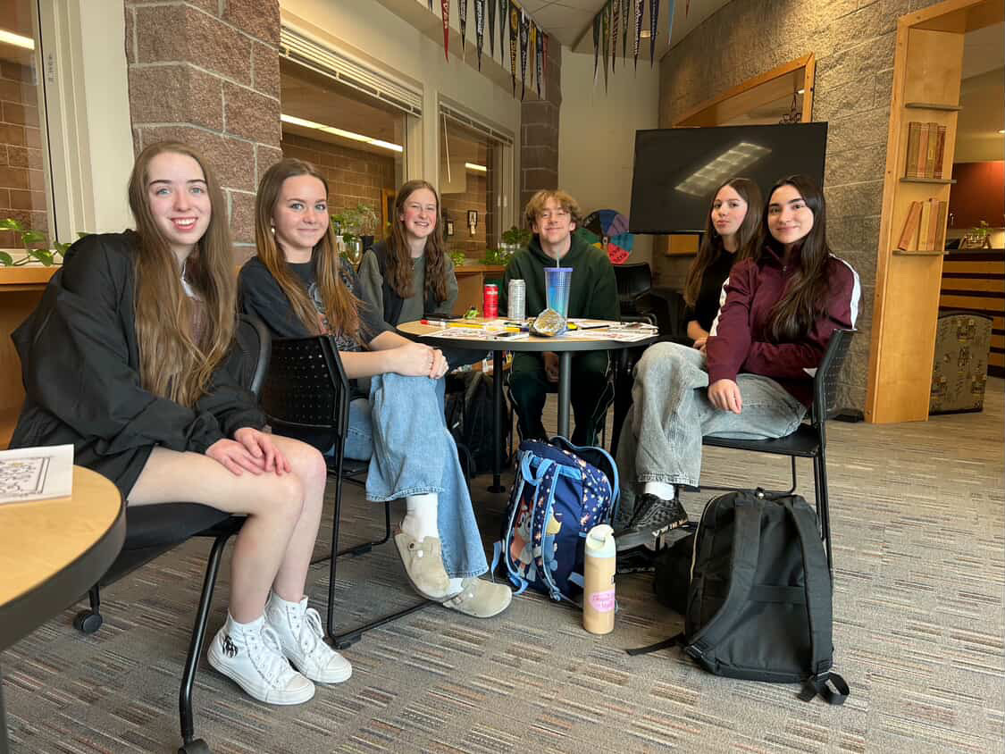Members of Sources Of Strength at a meeting (left to right) Esther Hong, Gianna Gordon, Paige Schleper, Alex Dobson, Lauren Rudland Colmenares, and Valentina Cipolla Lunardini. Photo Courtesy of Alex Dobson.