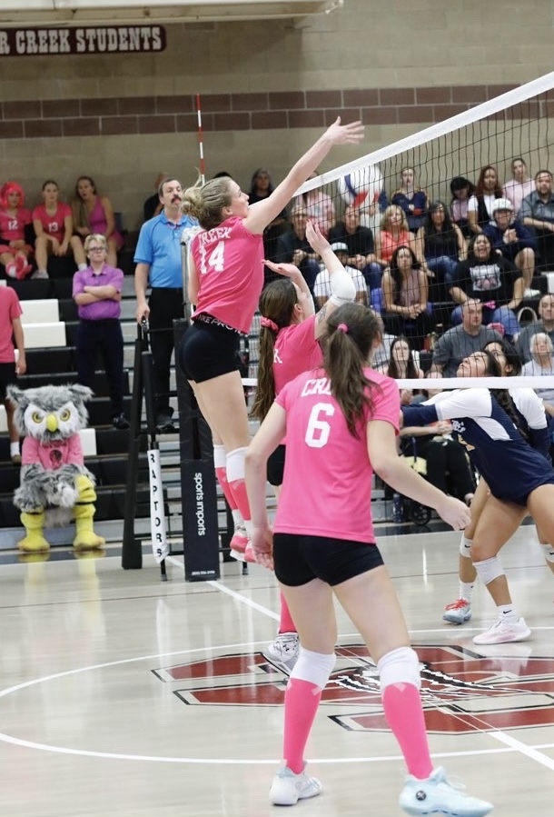 Junior Avery White blocks a ball from the other team during the team’s Dig Pink game. 
