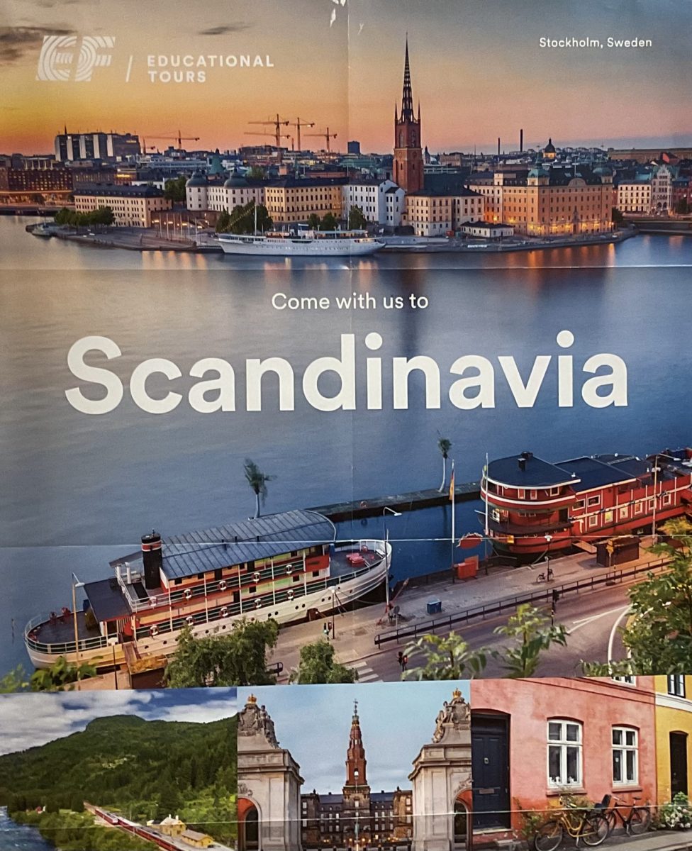 The upcoming trip to Scandinavia in the summer of 2026 is advertised on the poster hanging outside Ms. Whiteley’s office.