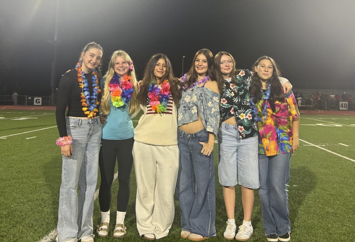 Freshman class of 2029 goes to their first home football game on August 29th, dressing up in the theme of “tropical”. 
From left: Madelyn Mallett, Lauren Baker, Jade Bran Caldwell, JoyceAnn Jensen, Joesey Deboard, Taryn Campie