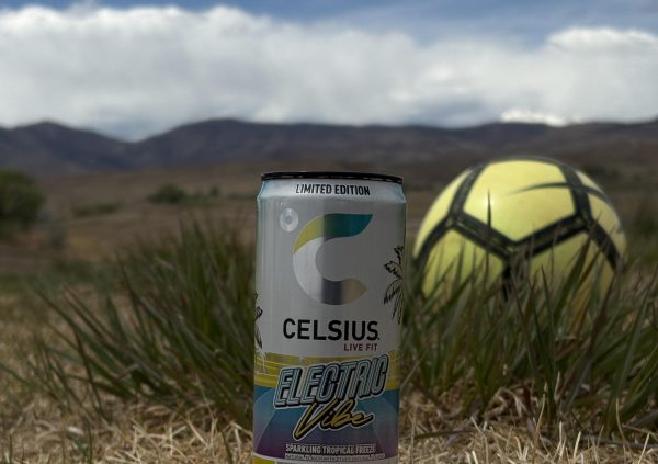 Celsius Electric Vibe sits on the grass next to a soccer ball. This drink sets to connect to summer and the 2026 World Cup.